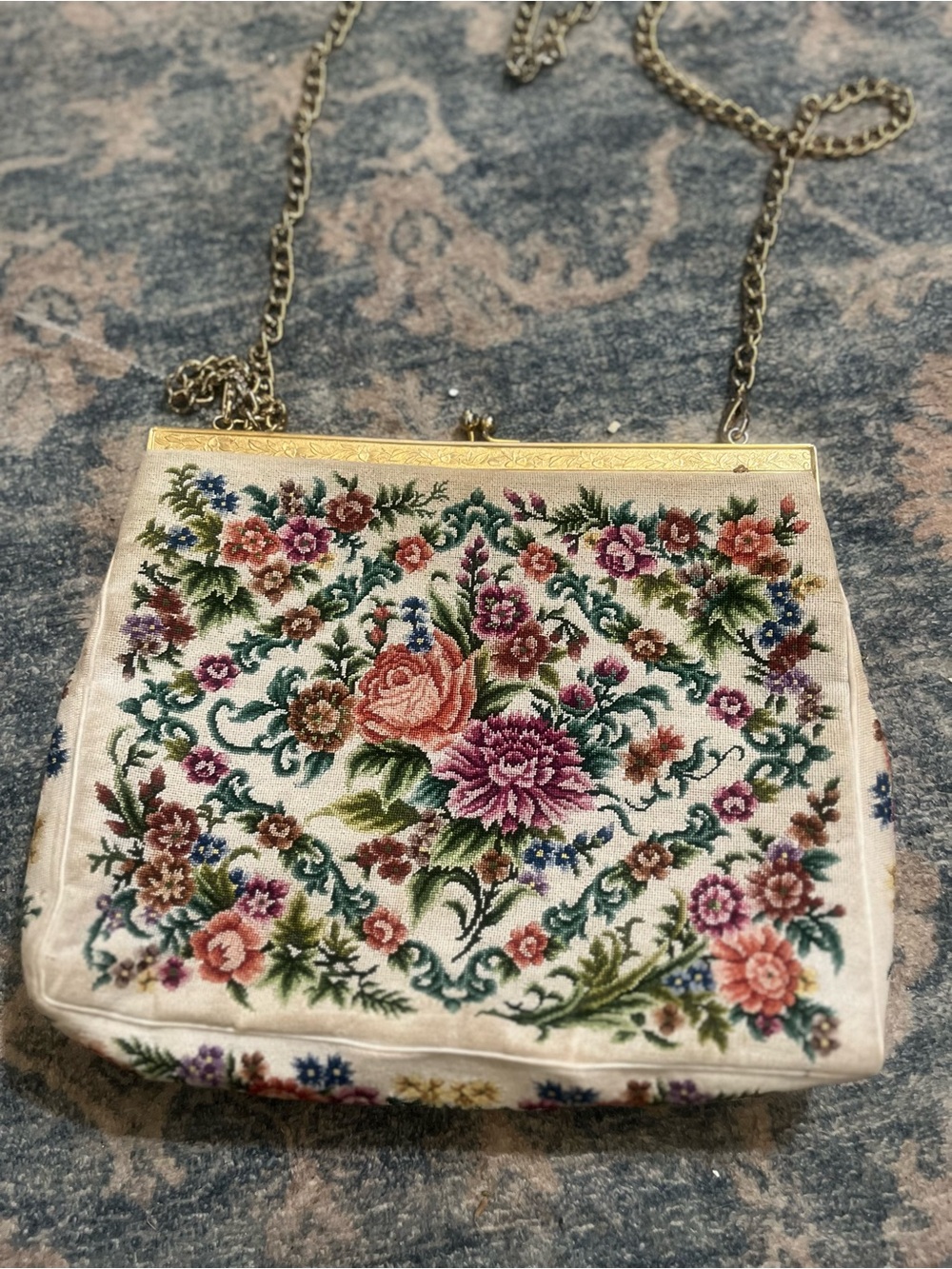Vintage Floral petit point tapestry Embroidered Shoulder Bag in Cream